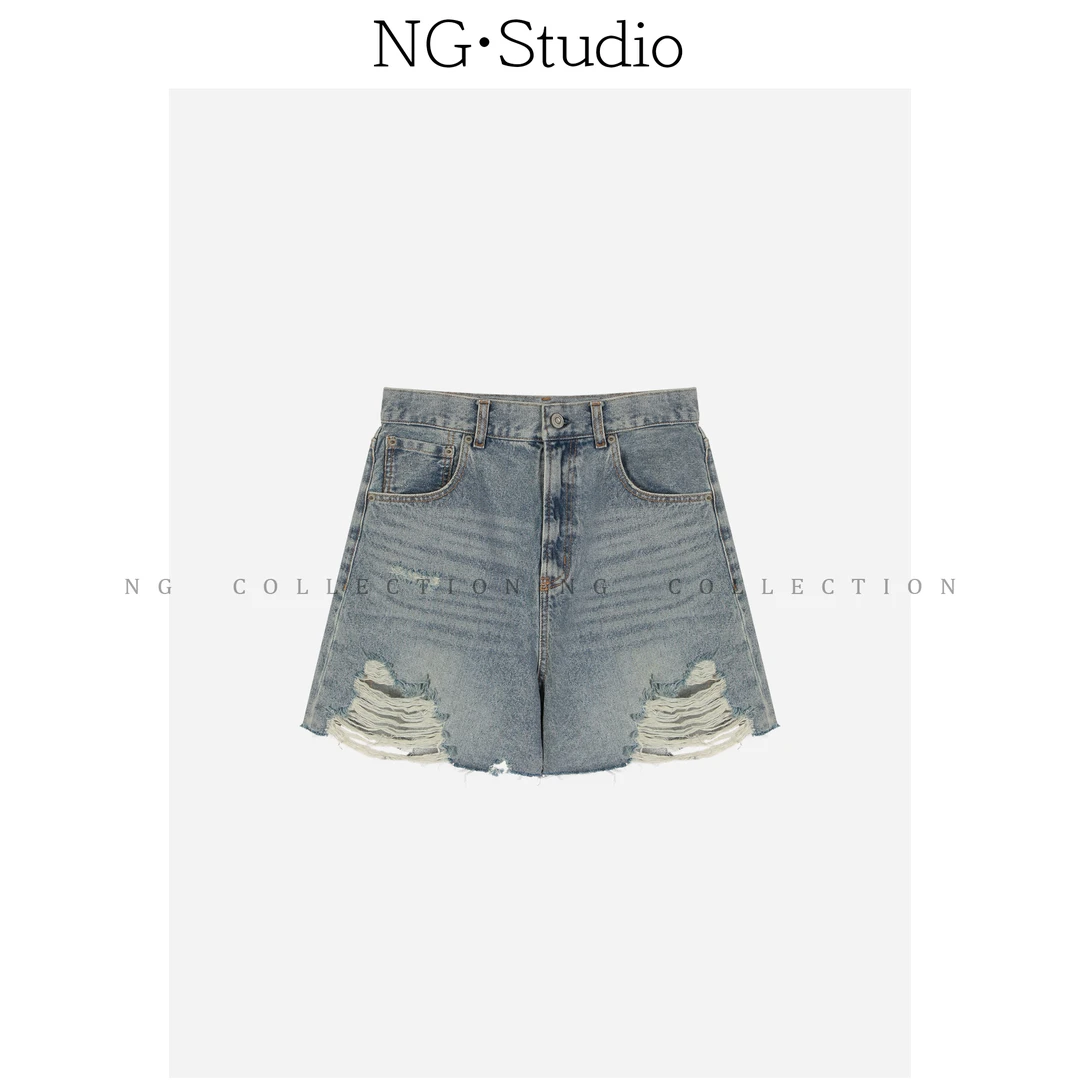 【NG·Studio】休闲高腰做旧个性破洞牛仔短裤NGX5NZK3188
