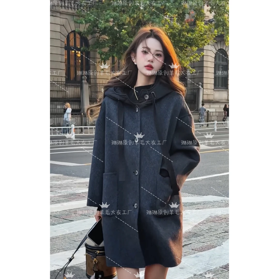 琳琳家连帽双面呢大衣慵懒风格冬季保暖时尚