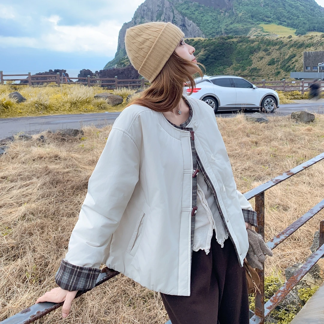 韩系小个子格纹拼接棉衣外套女2025冬季设计感巨好看的牛角扣棉服