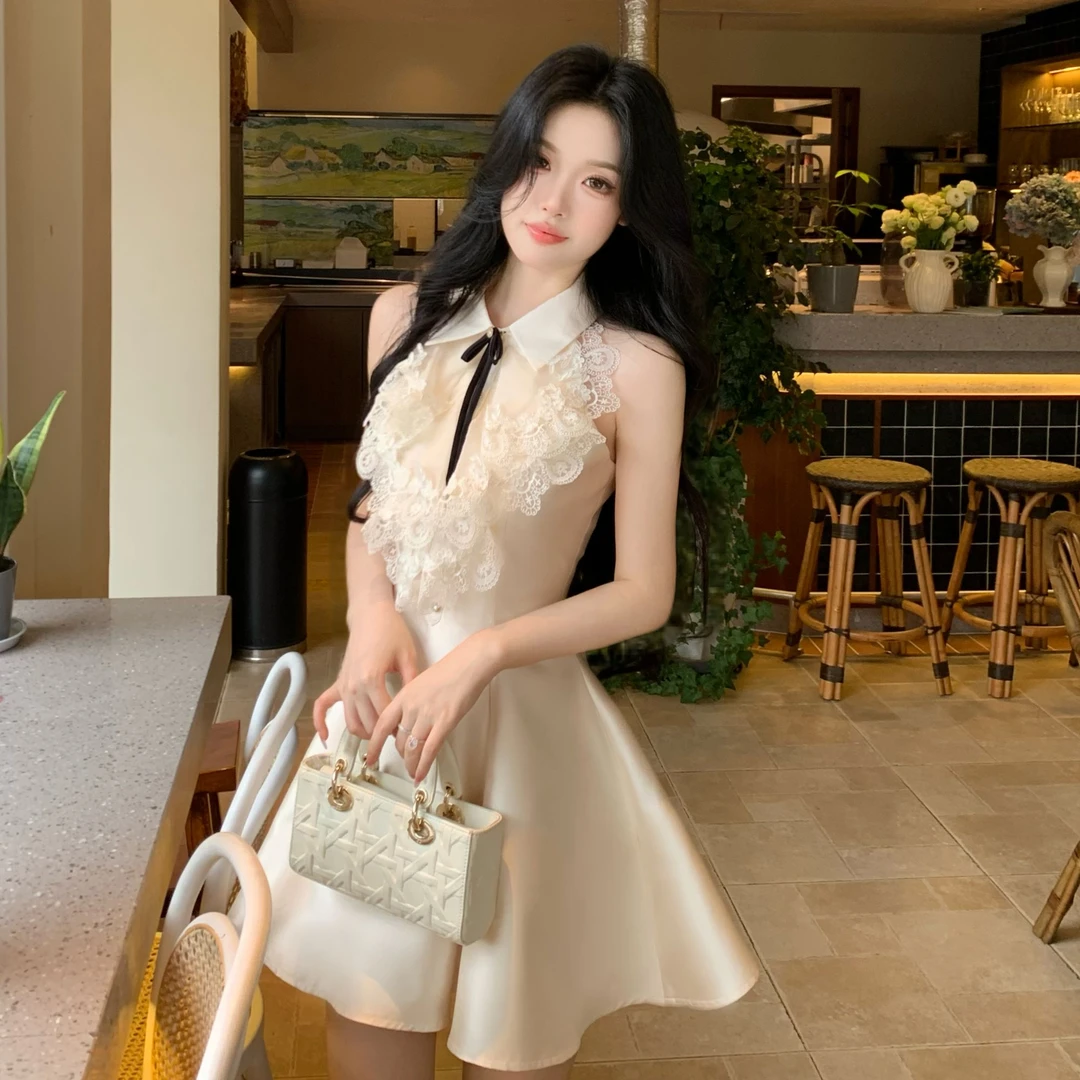Blovelan【许我耀眼】香榭映雪​ 富家千金无袖翻领珠光高级感连衣裙