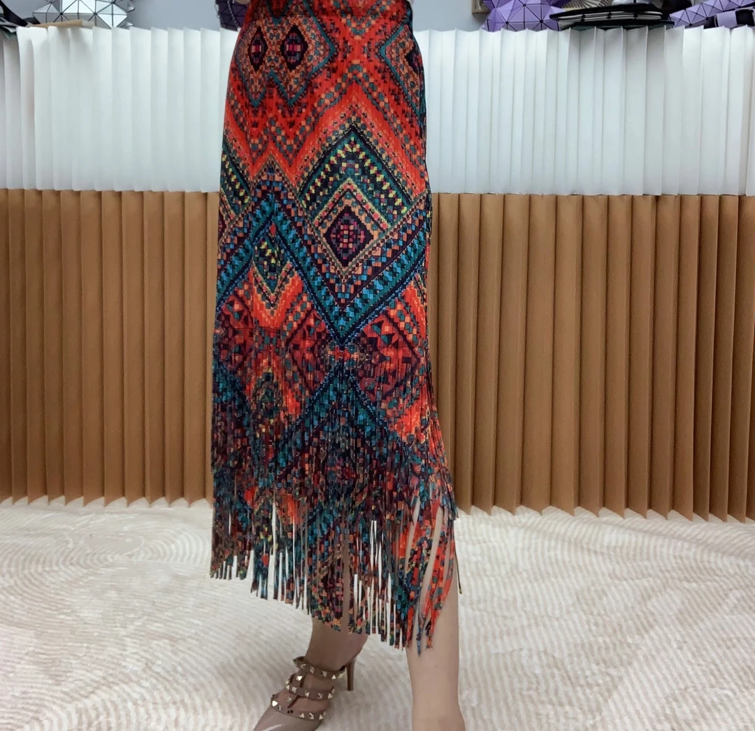高腰压褶民族图腾印花双层流苏半身裙度假温柔网红洋气半身裙夏款