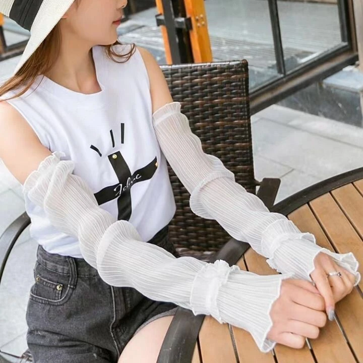 仙女荷叶边防晒袖套冰袖女冰丝防紫外线宽松夏季开车手套薄款手袖