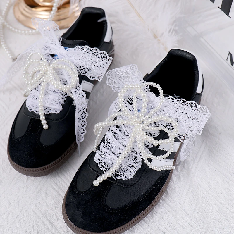 白色蕾丝鞋带镂空花纹diy芭蕾风samba韩风鞋绳Gazelle德训鞋黑色