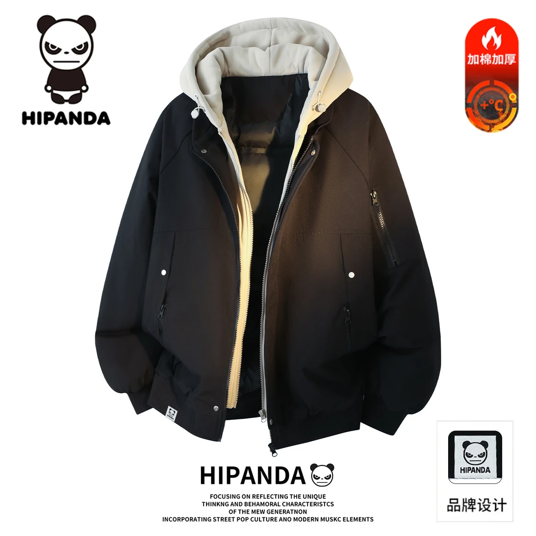 HiPanda冬季拼色连帽棉服男士美式高街潮牌工装假两件棉袄外套男