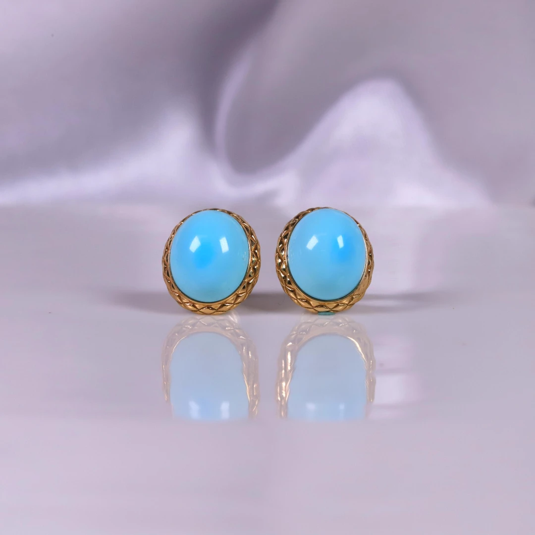 天然原矿绿松石高瓷蓝18K金精工镶嵌耳钉