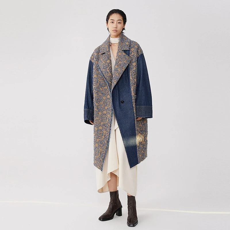 【妍妍精选】ZHUCHONGYUN东方韵味提花拼接设计高级感大衣外套女