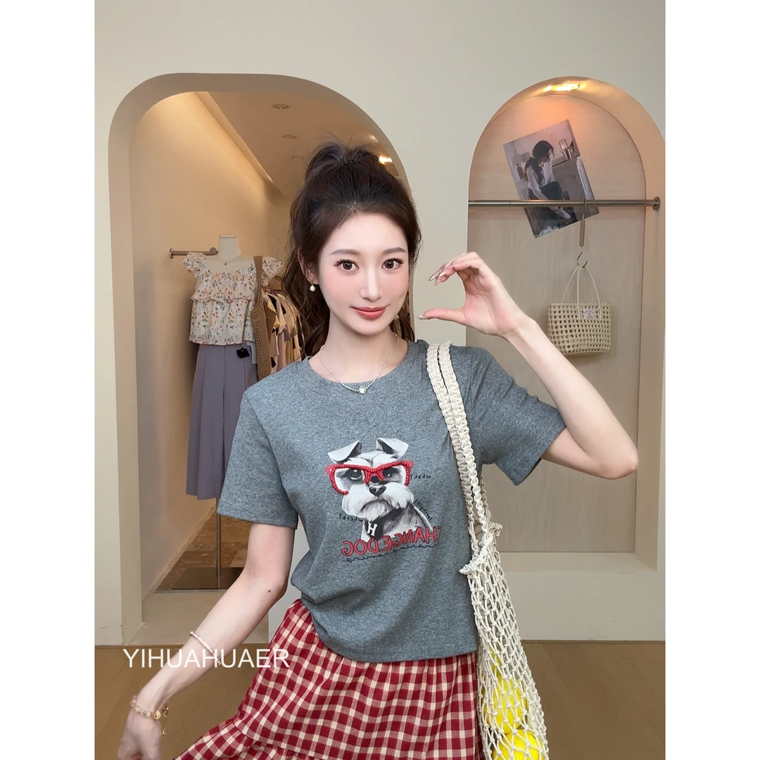 【串珠小狗】A东大门韩国原单韩系夏款卡通减龄重工串珠百搭T恤3248