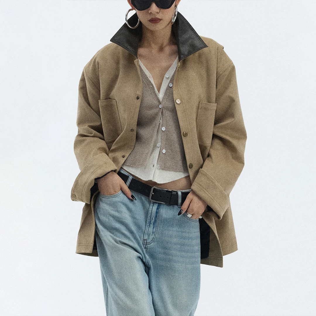 ourhour 美式复古 沙砾色黑皮翻领宽松麂皮夹克 女冬设计感外套