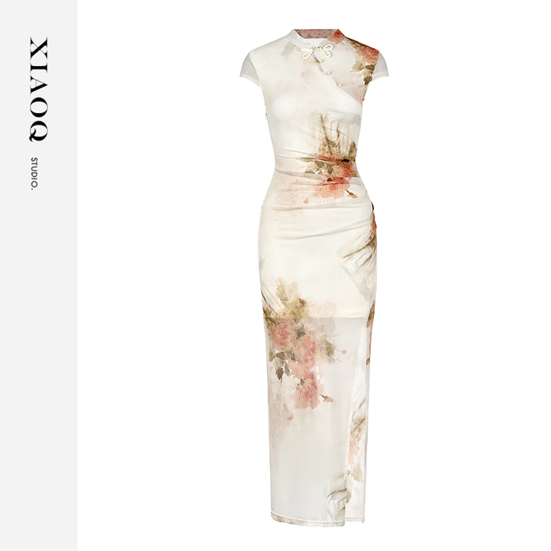 【小Q家】45459新中式国风立领收腰开叉连衣裙