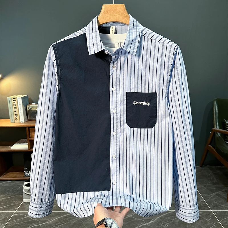 潮流日系文艺字母刺绣长袖衬衫男士新款时尚百搭休闲宽松拼接衬衣