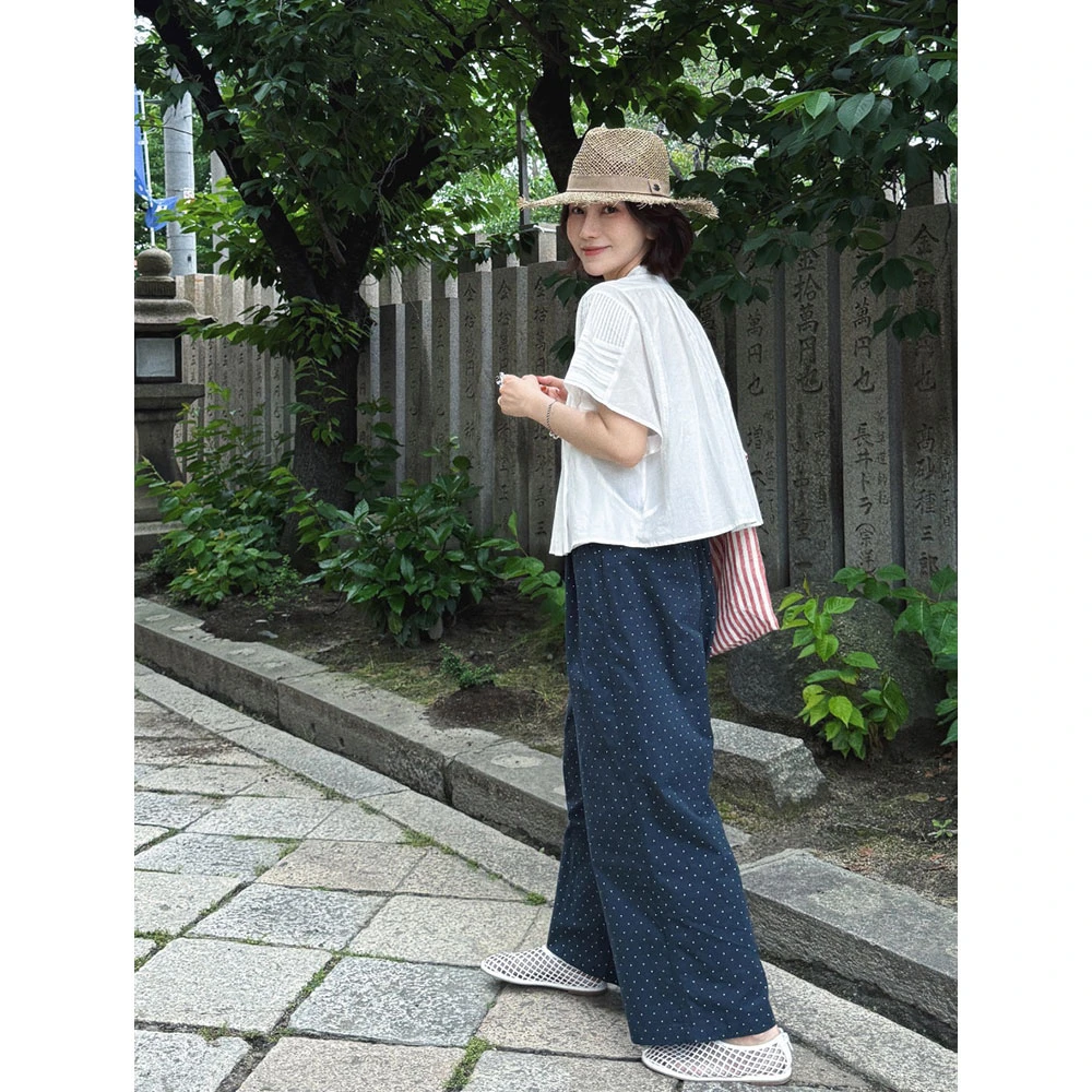 【MGDM】防晒冰感波点休闲裤女2025夏新款橡筋高腰松弛感显瘦直筒裤