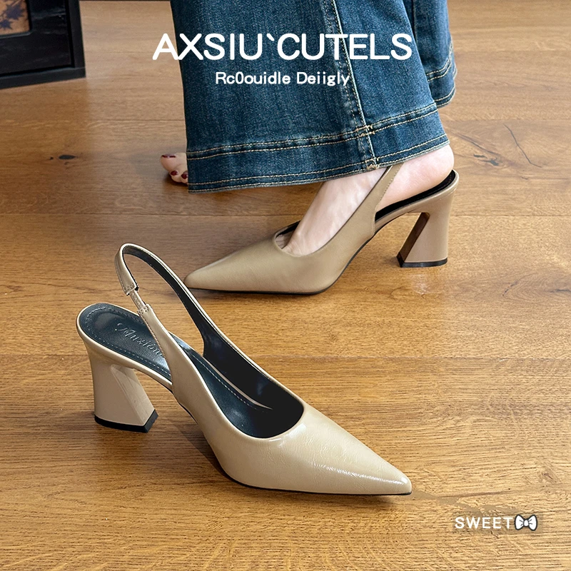 2025新品春夏款法式绿色配裙子尖头高跟鞋女粗跟单鞋后空包头凉鞋