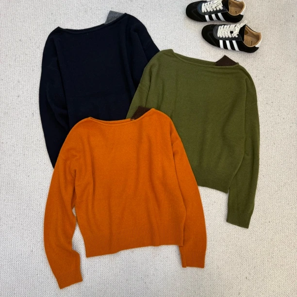 ［春春定制］全羊毛新款韩版百搭修身显瘦时尚撞色露肩针织长袖6957