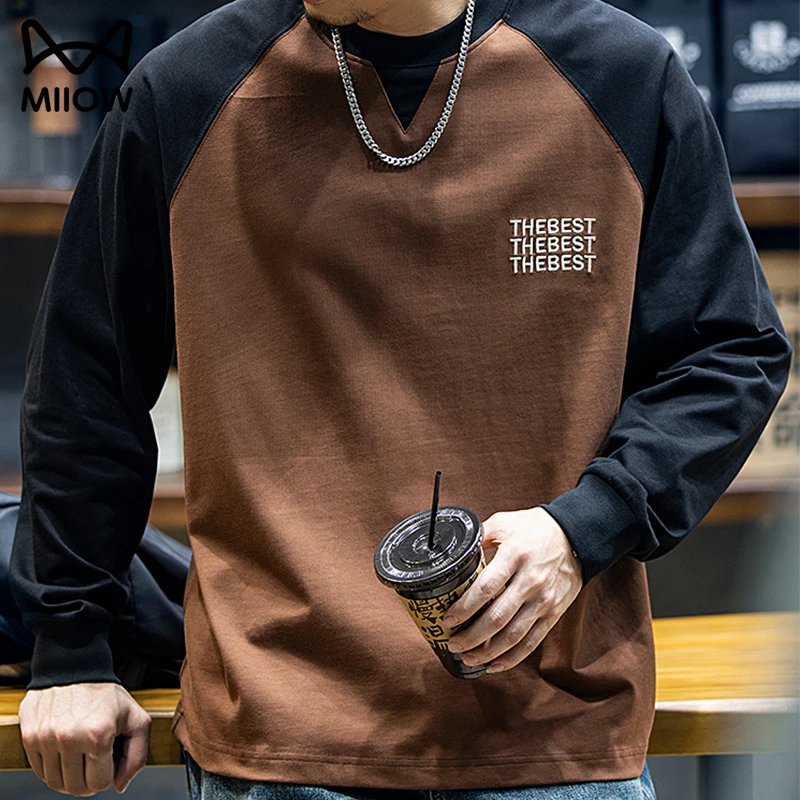 猫人100%纯棉刺绣撞色长袖t恤男款春秋季宽松复古百搭上衣打底衫