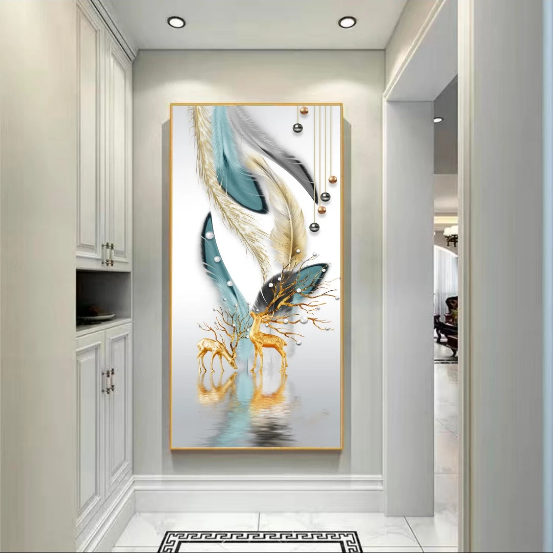 美临佳【守护麋鹿】玄关装饰画现代过道走廊画竖版-晶瓷镶钻XG34