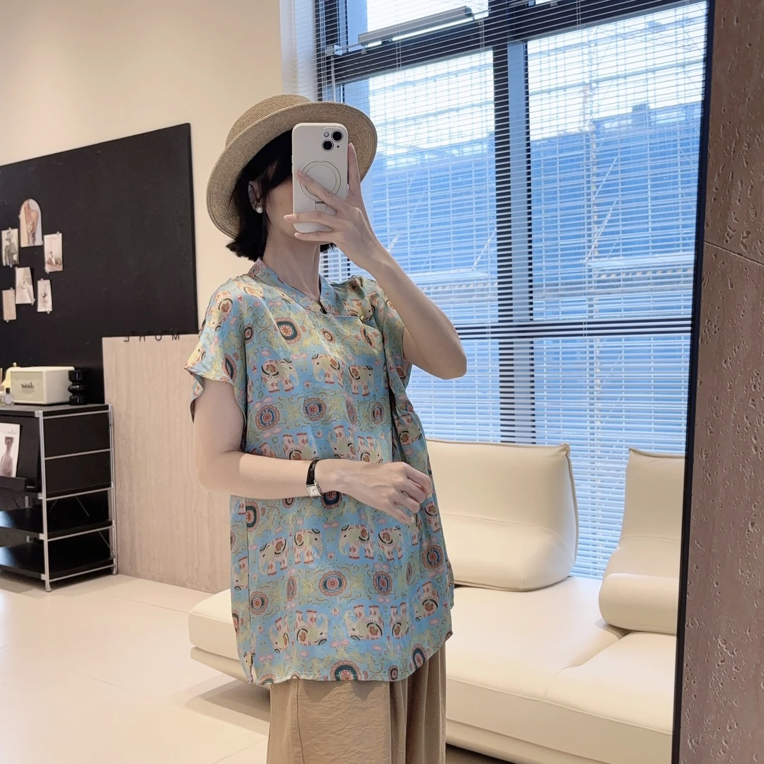 1 青荷瑞象~新中式人 丝 仿香云纱工艺 中式立领短袖上衣