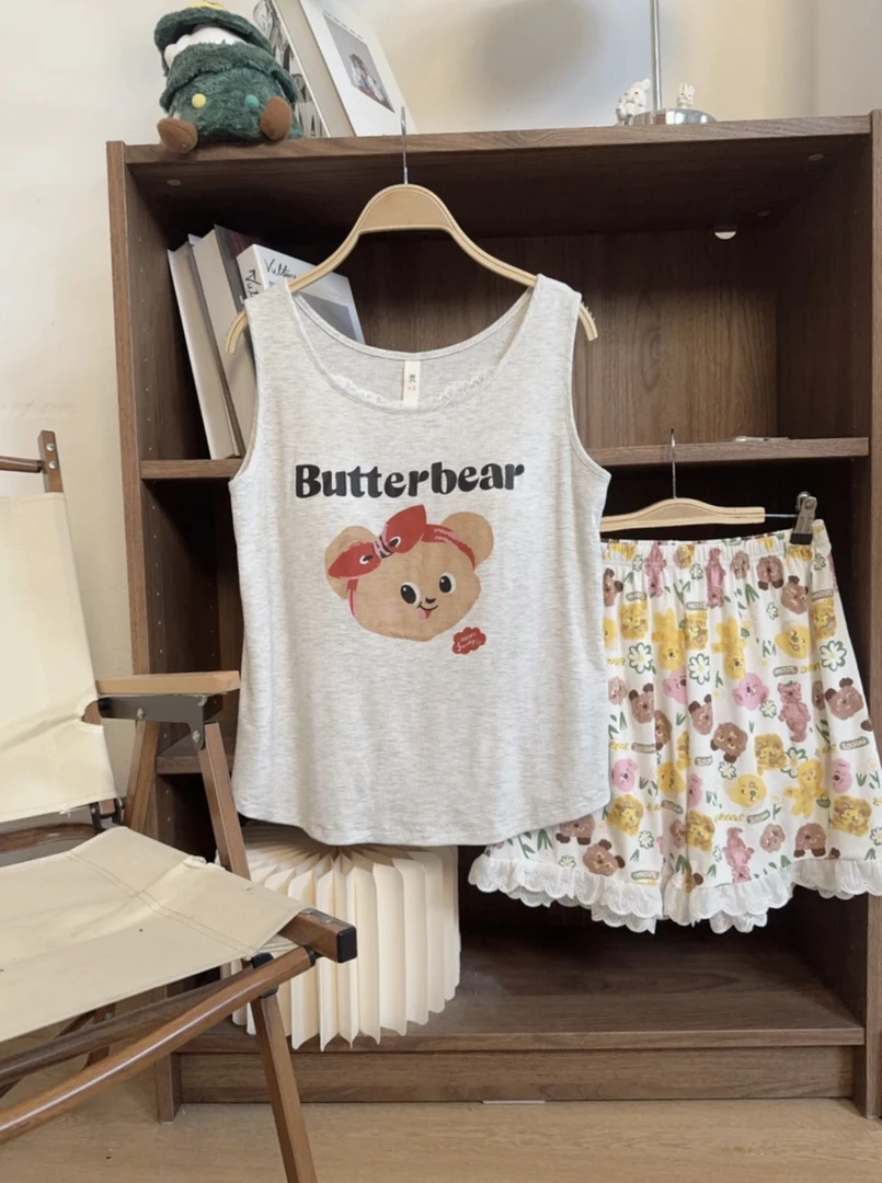 莫代尔新款带胸垫黄油小熊背心短裤夏季时尚可外穿家居服薄款休闲