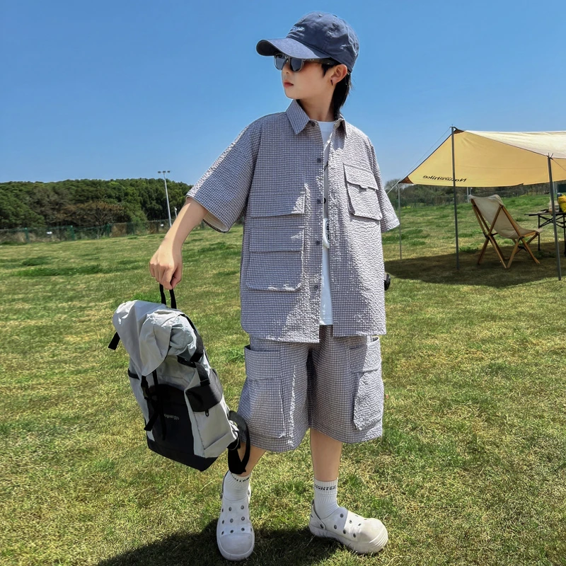 童装男童夏装套装2025新款中大童夏款短袖男孩夏季休闲衬衫儿童潮
