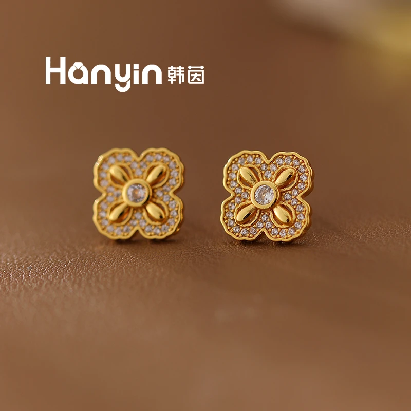 铜合金合成锆石耳饰 925银针国潮新中式原创设计四叶草耳钉