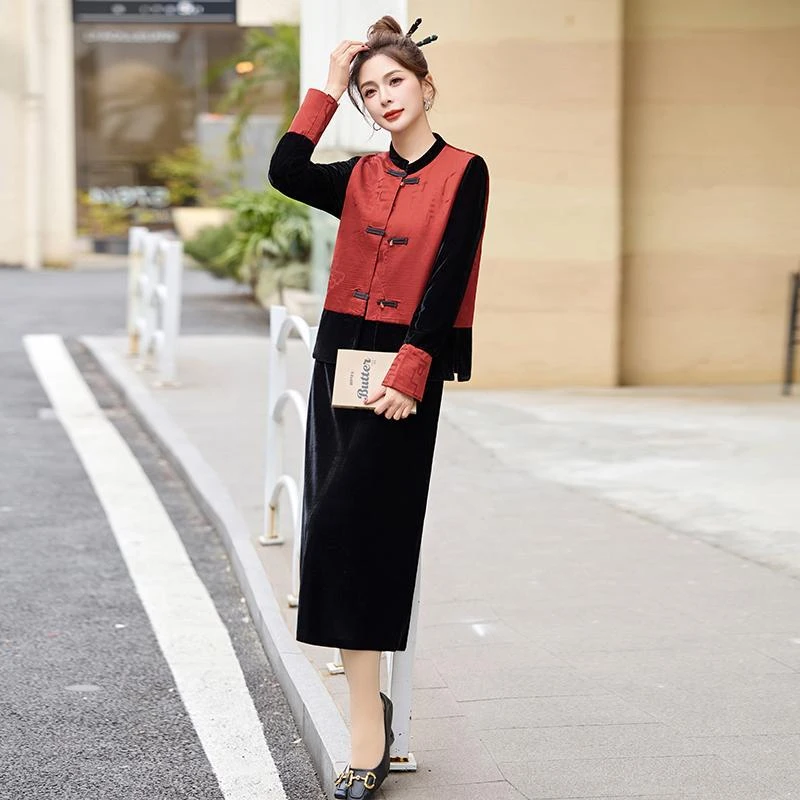 新中式国风复古盘扣马甲丝绒连衣裙套装女2025春秋显瘦长裙两件套