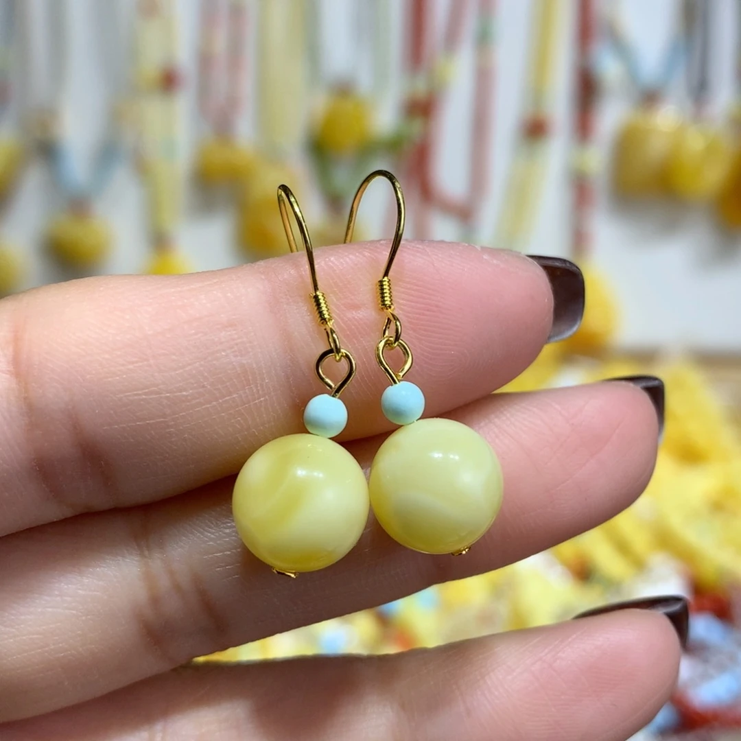 蜜蜡银S925镀金镶嵌耳饰10mm