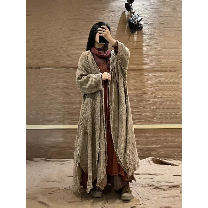 麻淑儿3401色织亚麻开盘长外套春季新款