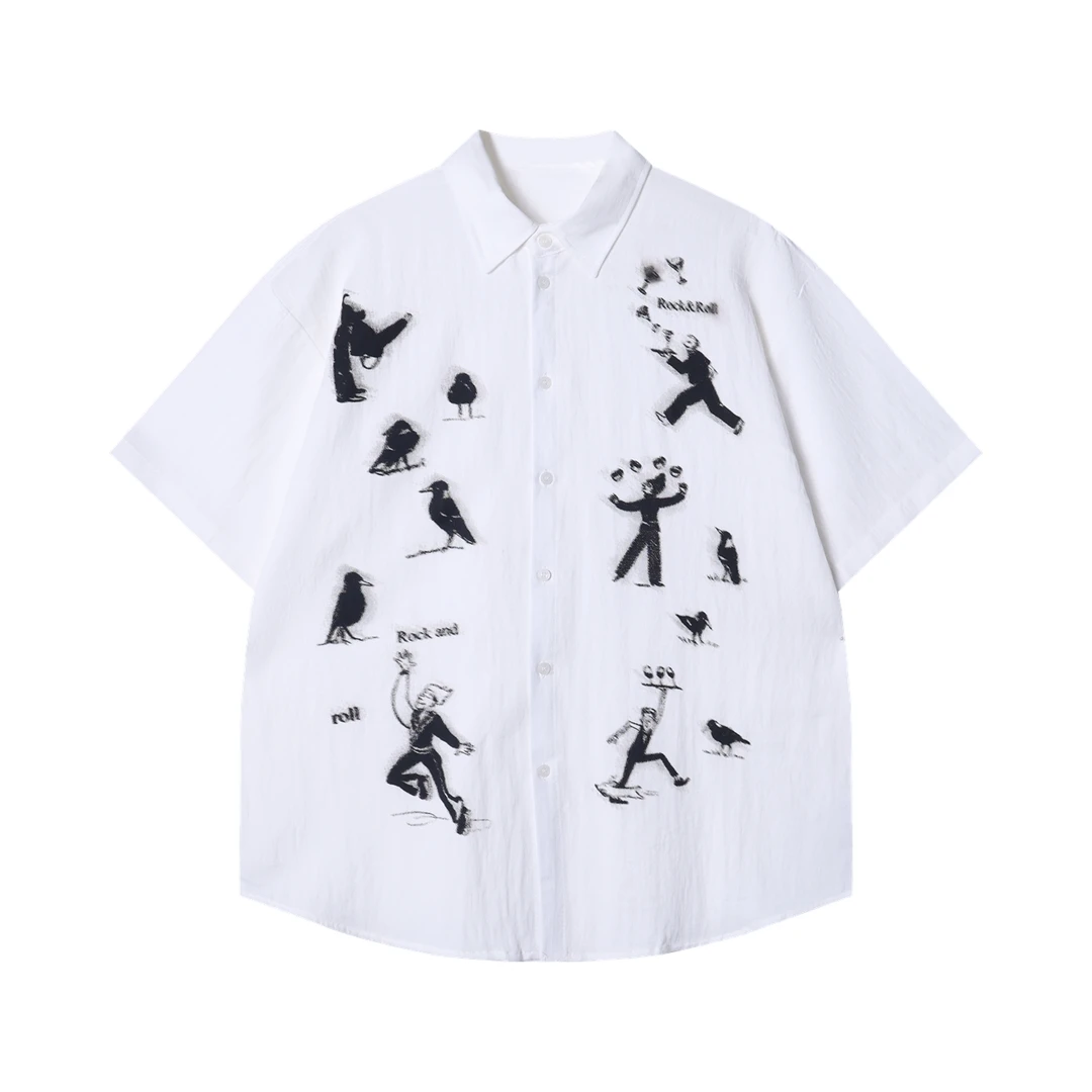 夏季高级感新款美式卡通人物简约短袖衬衫百搭简约复古翻领衬衣