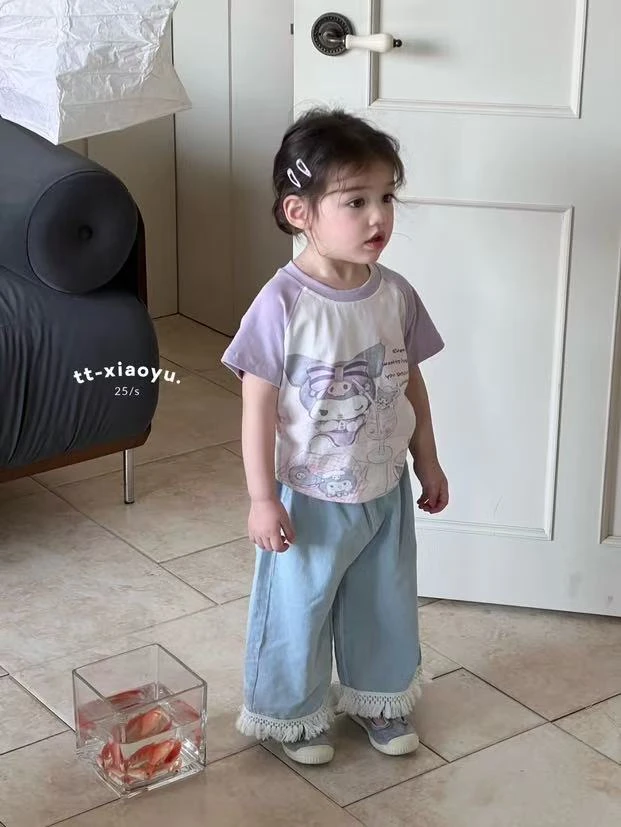 {花卷卷}2025夏季女童紫色库洛米插肩圆领短袖T恤82527