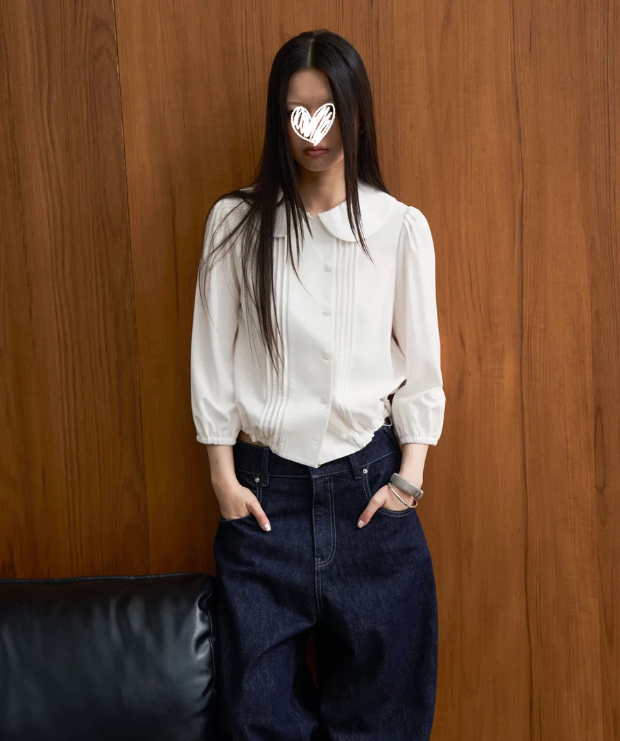 宽门襟压褶下摆可调节橡筋短款娃娃领衬衫