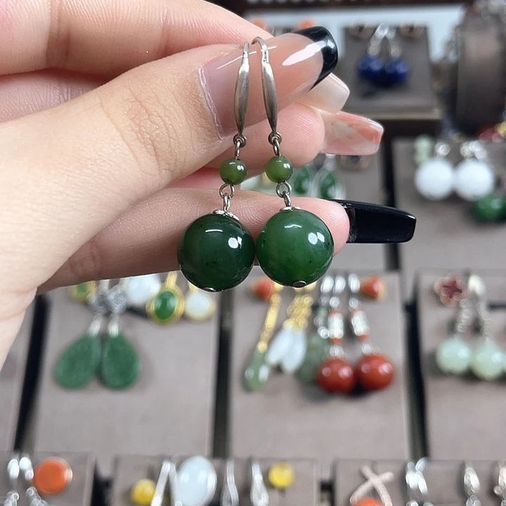 和田玉银S925镶嵌耳饰12左右