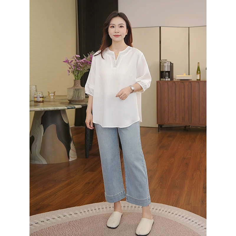 【猫猫】璀璨年华 重工钉珠V领莱赛尔天丝衬衫洋气显瘦上衣MC5818