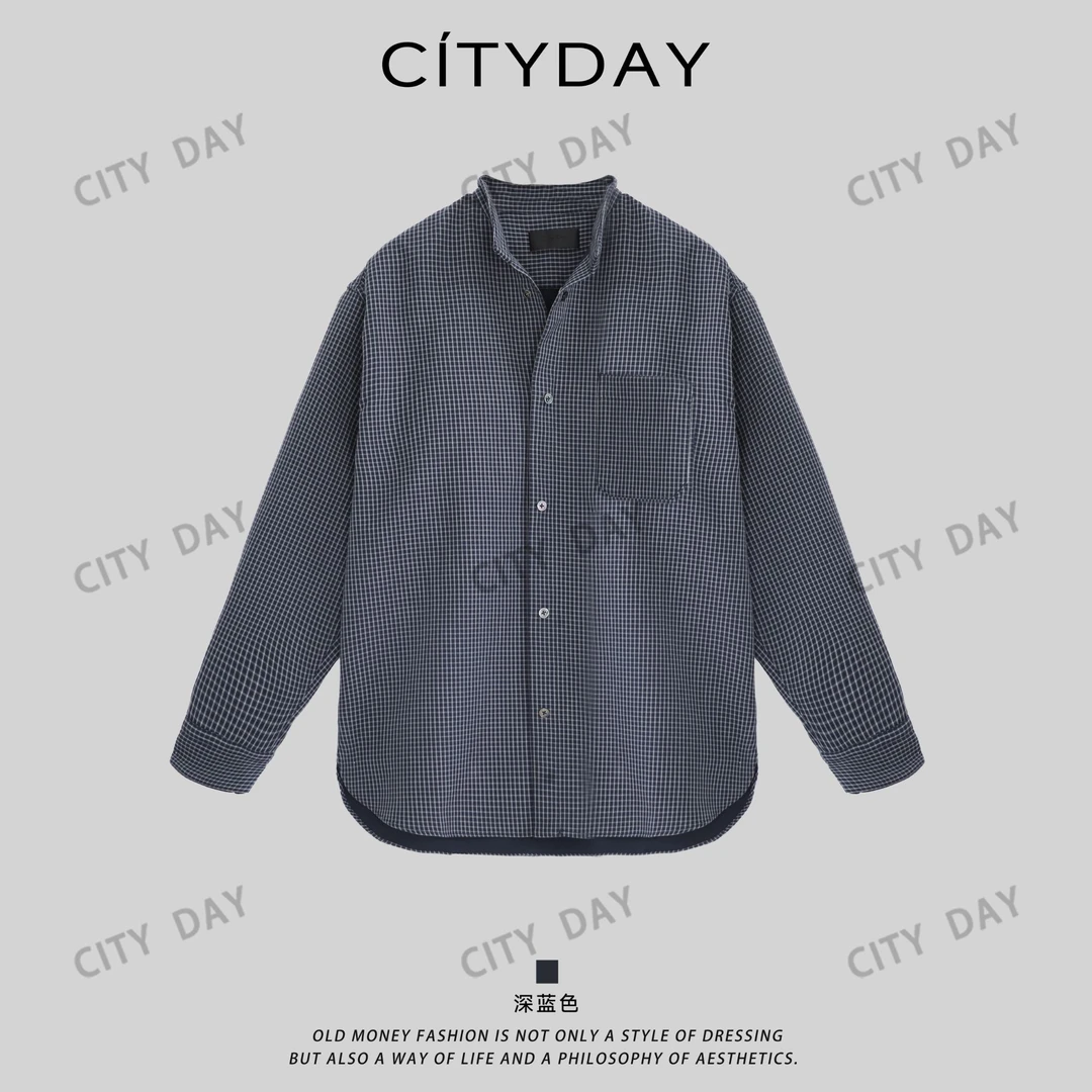 CityDay【楠哥】都市格纹·100棉小立领黑蝶贝扣中性衬衫外套 25061