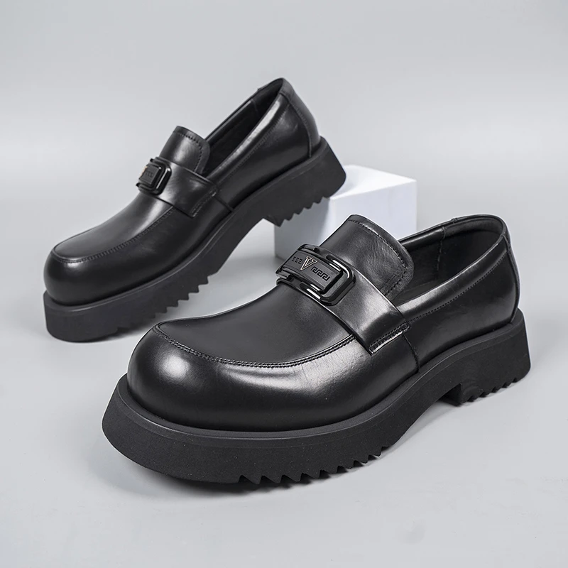 男士头层牛皮休闲乐福鞋舒适时尚百搭厚底增高大头黑色英伦风皮鞋