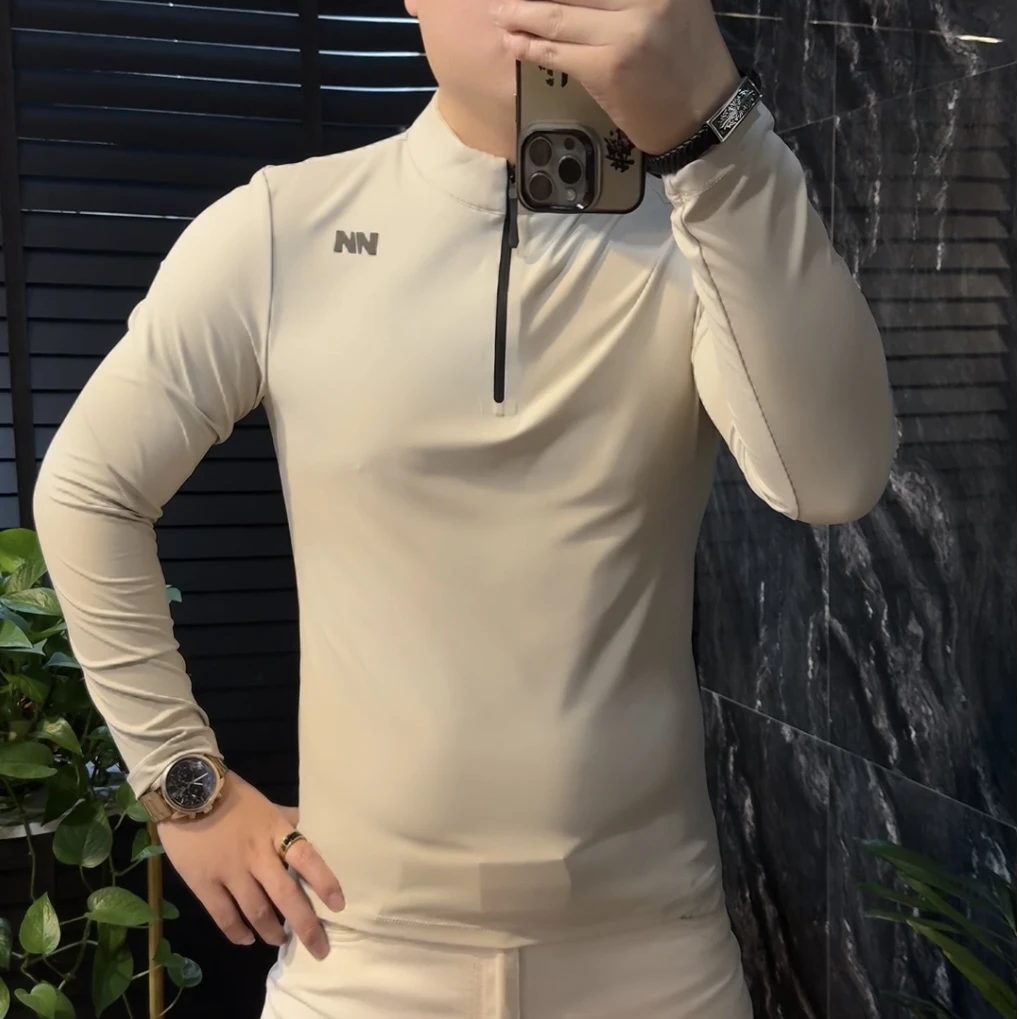 立领长袖秋季男士简约长袖T恤休闲紧身商务修身透气