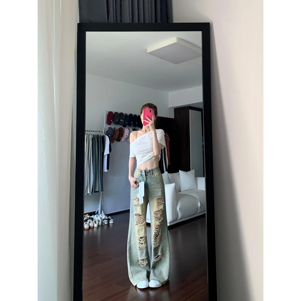 美式复古涩谷街头蓝色牛仔裤女夏季低腰小个子辣妹破洞阔腿长裤子