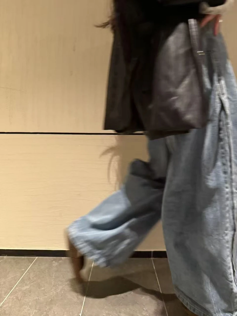 沁屿美式复古水洗做旧弯刀牛仔裤宽松阔腿拖地