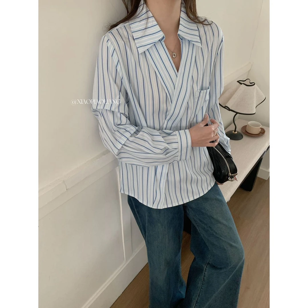 【大甜女装】新款法式显瘦百搭气质翻领长袖条纹小众衬衫女9046#0.1