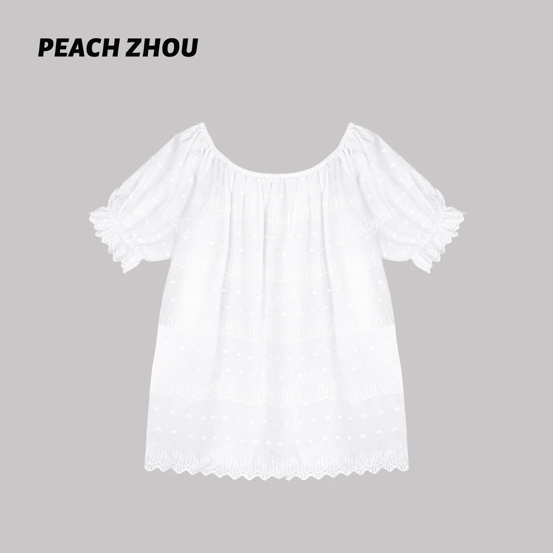 『PEACHZHOU』花边提花松紧一字领露肩多穿法宽松衬衫度假休闲短袖