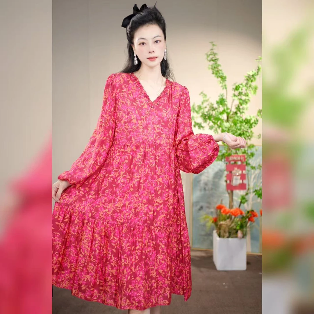 【多米拉】18224-4玫焰花影早秋碎花长袖连衣裙气质