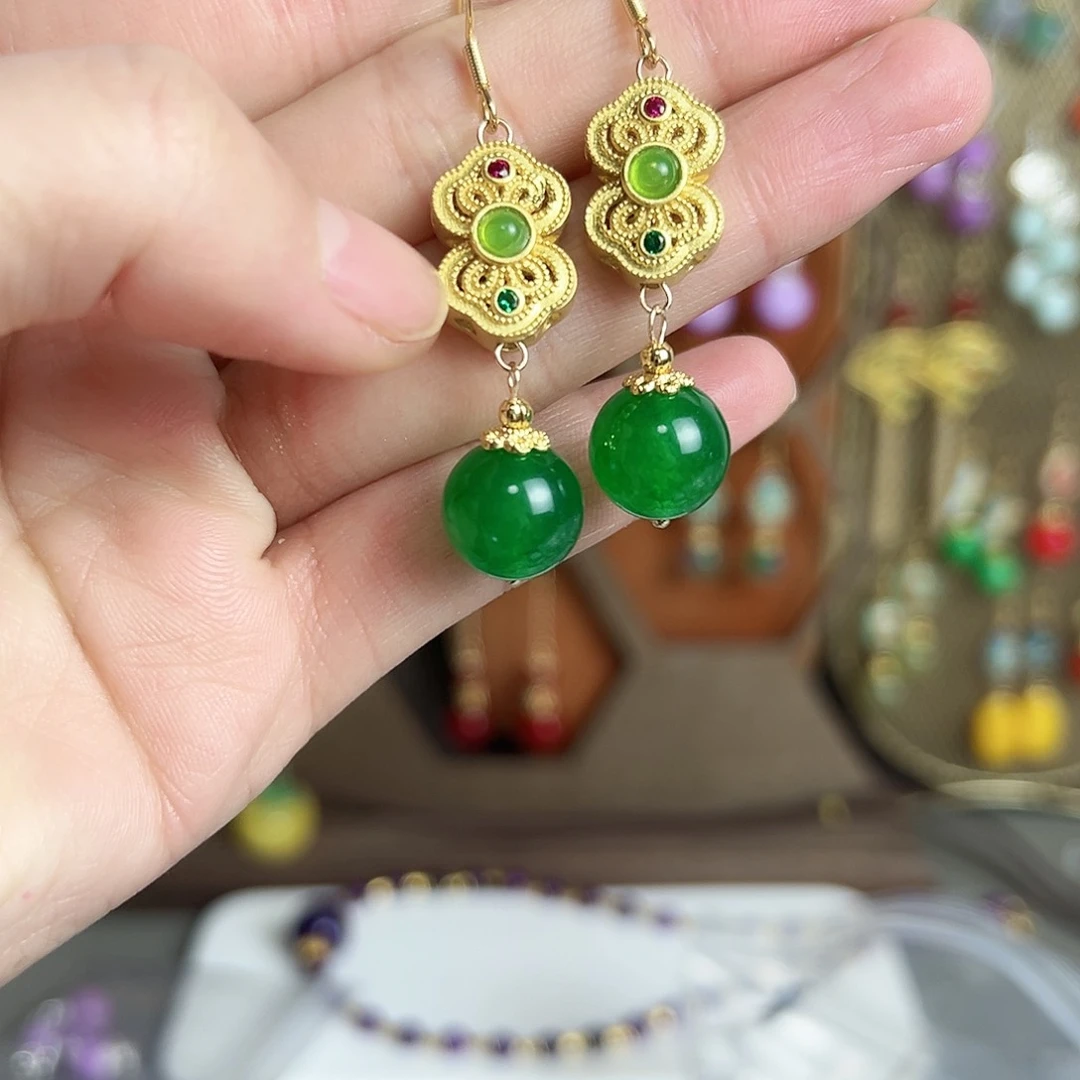 银S925镶嵌耳钉玛瑙/玉髓绿色