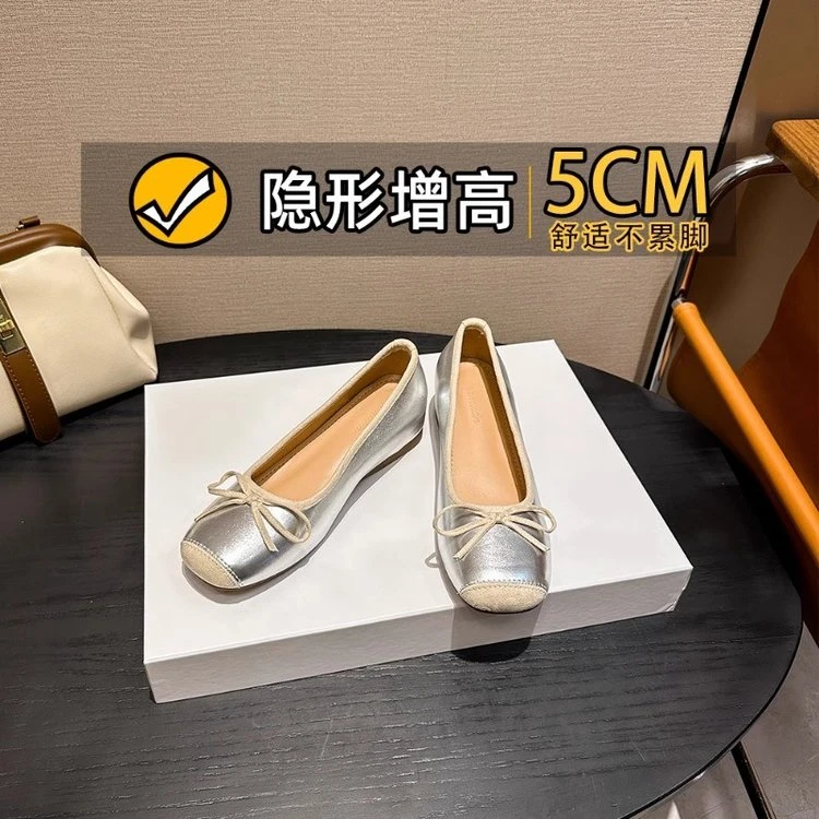 银色方头蝴蝶结内增高5cm外穿小个子适用女款玛丽珍芭蕾舞单鞋