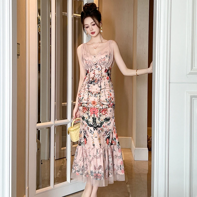 2025夏季新款女装法式性感V领收腰包臀无袖印花鱼尾连衣裙15200