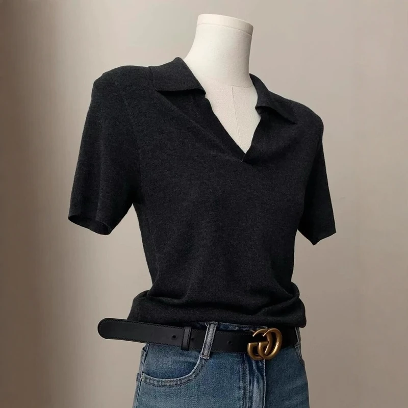 港风复古黑色polo衫翻领针织短袖t恤女春夏季v领修身正肩气质上衣