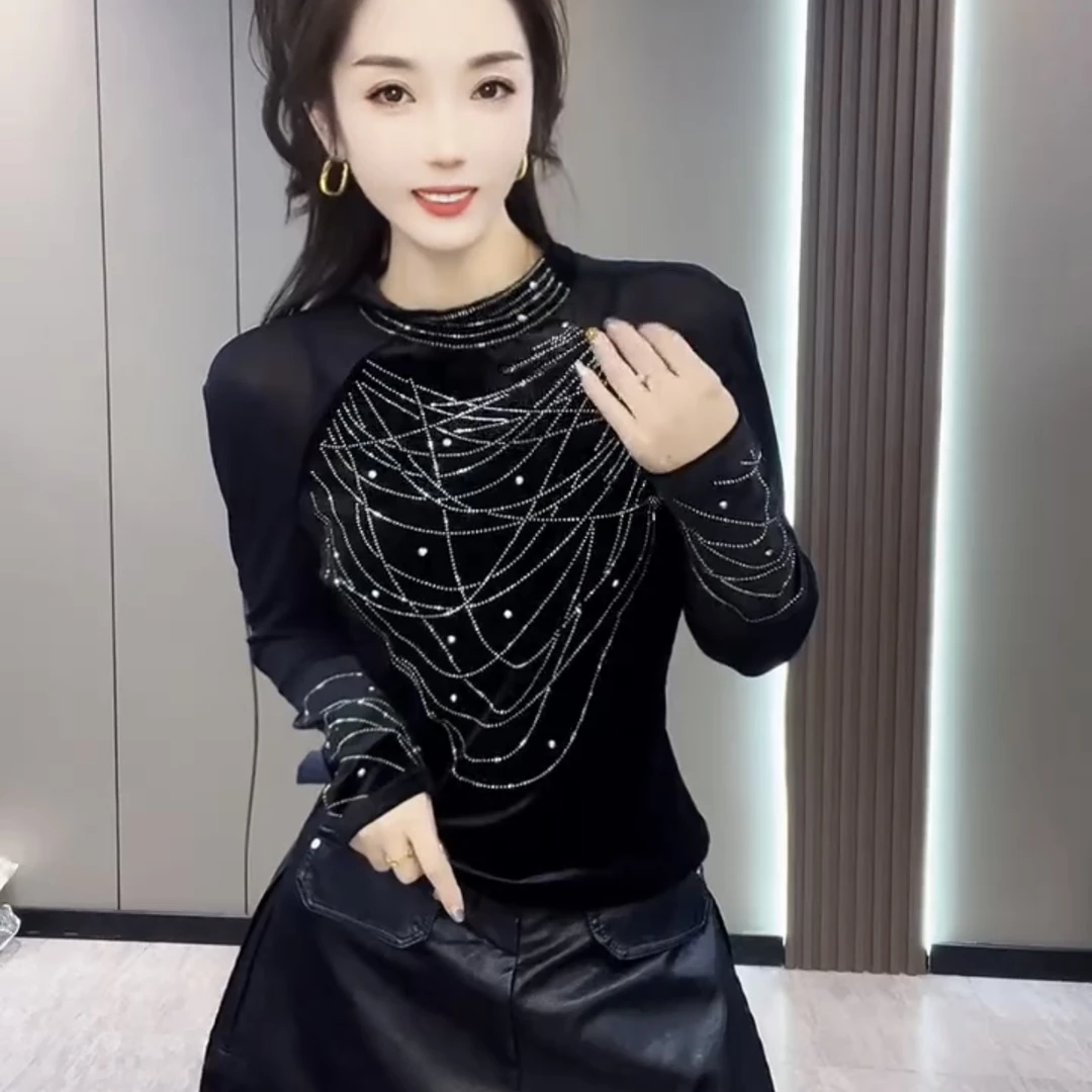 常规款烫钻常规型半高领镶钻T恤洋气重工高领蕾丝