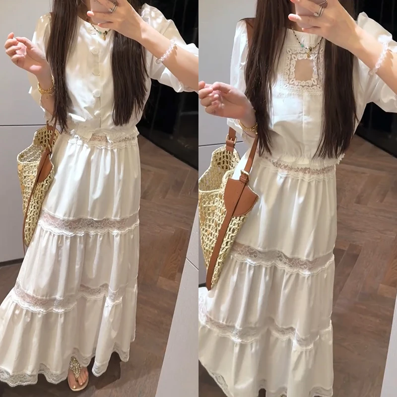 【mimius】七七超仙度假风茶系蕾丝拼接上衣（可两面穿）+半裙 G05204