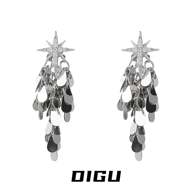嘀咕家 铜合金合成锆石耳饰 轻奢八芒星亮片耳环女前后式耳钉耳饰