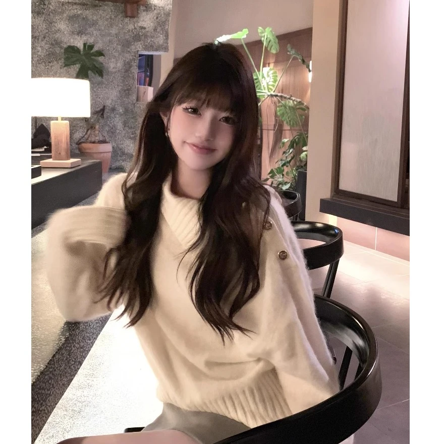 白色高领侧纽扣软糯毛衣女秋冬季内搭慵懒风高级设计感针织衫上衣