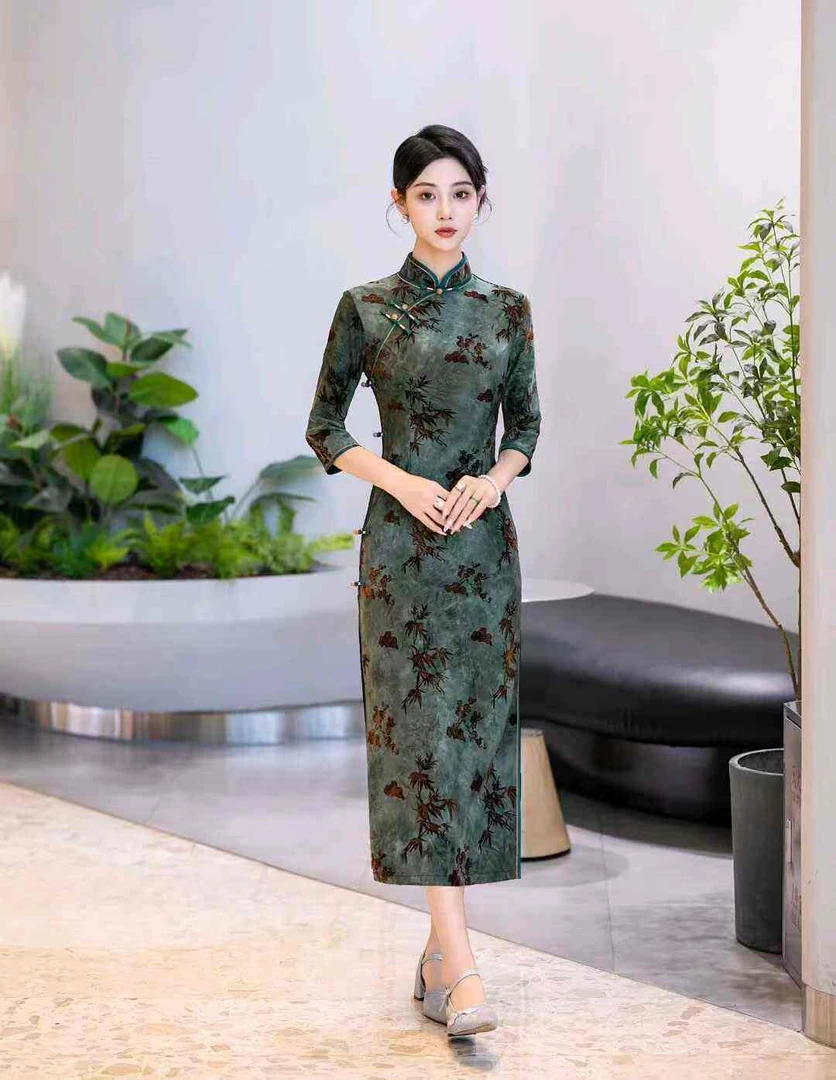 【山水怡然】2025中国风优雅重磅提花修身中长款气质旗袍-A15