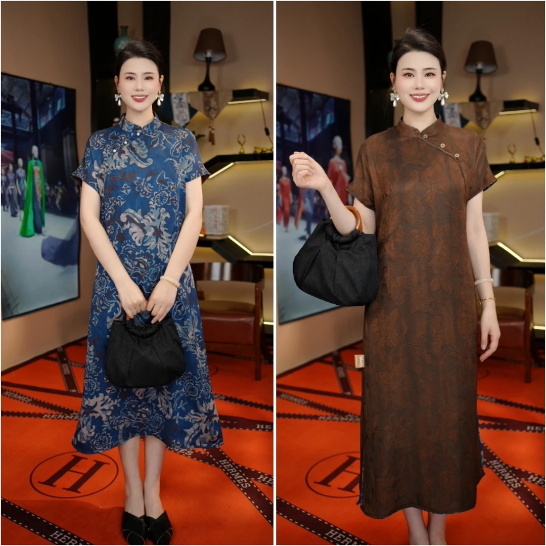 【青花瓷】国风双面穿刻丝提花旗袍领领长款品质女装连衣裙