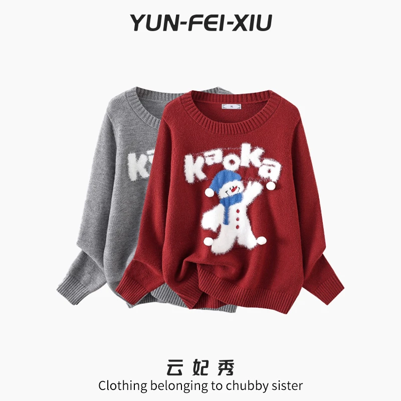 云妃秀大码女装针织衫圆领百搭时尚通勤图案时尚微胖显瘦冬季2132